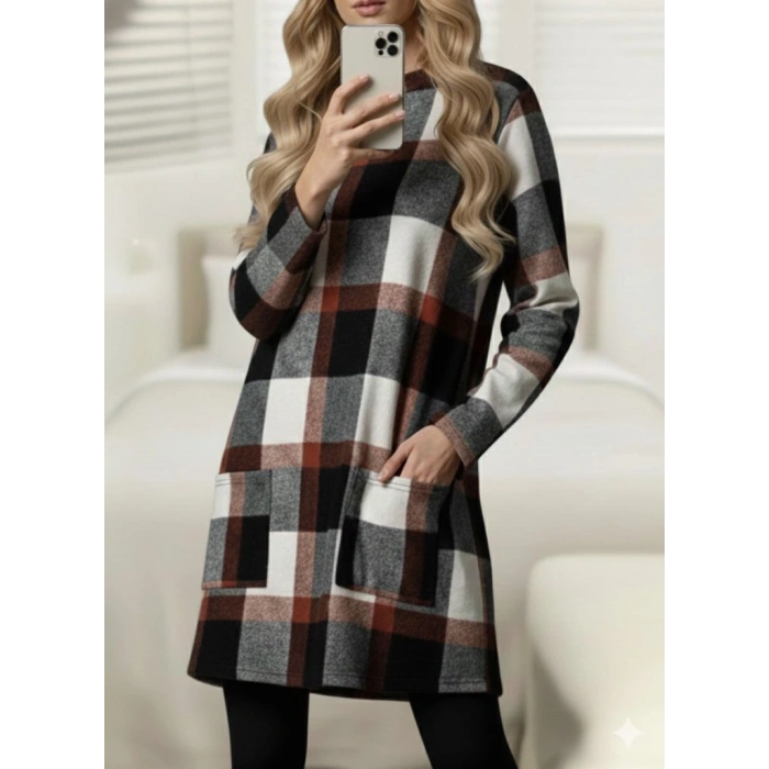 Kadın Uzun Kollu Yarı Balıkçı Yakalı Cep Detaylı Ekoseli Dokuma Tunik