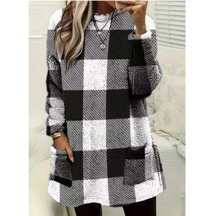 Kadın Uzun Kollu Yarı Balıkçı Yakalı Cep Detaylı Ekoseli Dokuma Tunik