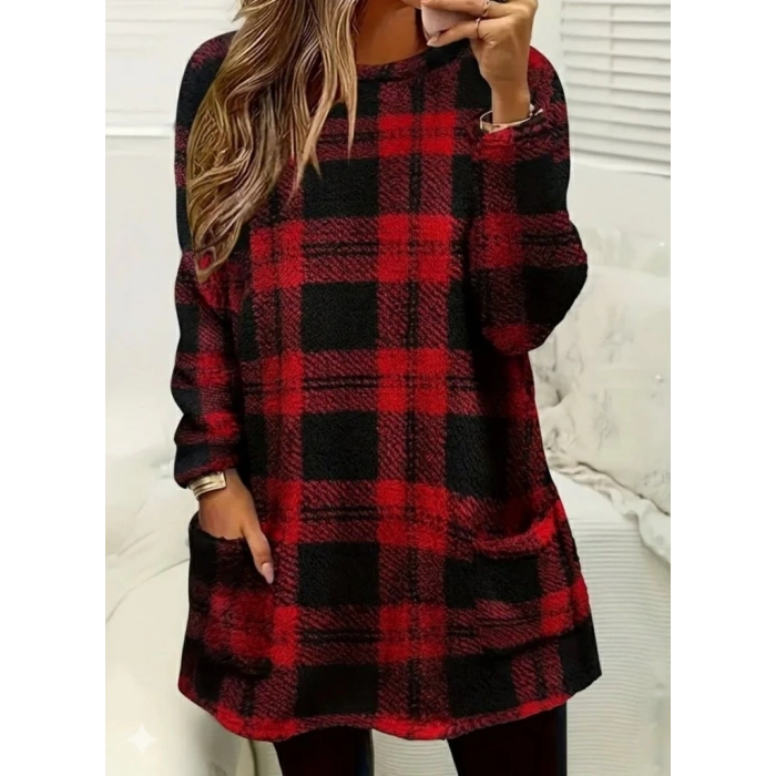 Kadın Uzun Kollu Yarı Balıkçı Yakalı Cep Detaylı Ekoseli Dokuma Tunik