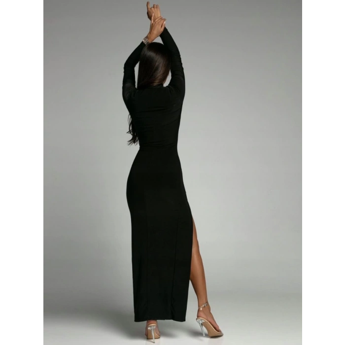 Kadın Uzun Kollu Yarım Balıkçı Yaka Derin Yırtmaç Detay Krep Tam Boy Elbise