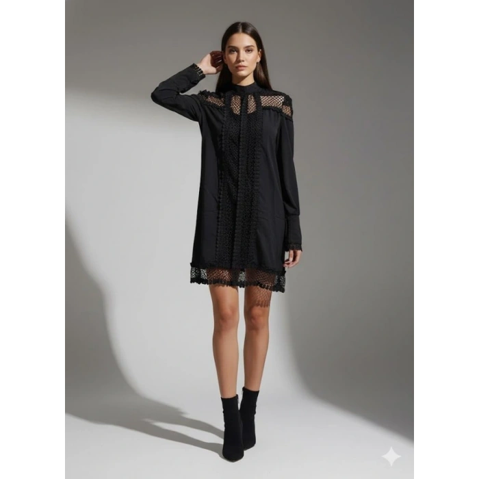 Kadın Uzun Kollu Yarım Balıkçı Yaka Transparan Detaylı Mini Elbise