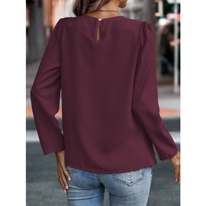 Kadın Uzun Kollu Yuvarlak önden Pileli Ithal Krep Bluz