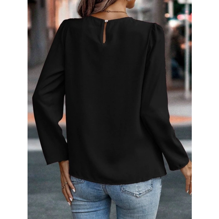 Kadın Uzun Kollu Yuvarlak önden Pileli Ithal Krep Bluz