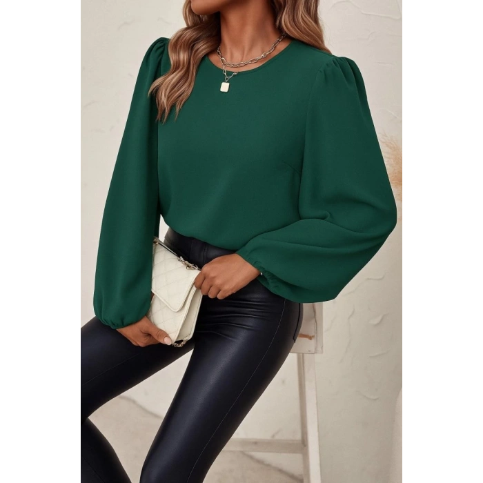 Kadın Uzun Kollu Yuvarlak Yaka Arkadan Bağcıklı Salaş Ithal Krep Bluz