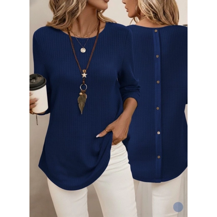 Kadın Uzun Kollu Yuvarlak Yaka Arkadan Düğmeli Waffle Bluz