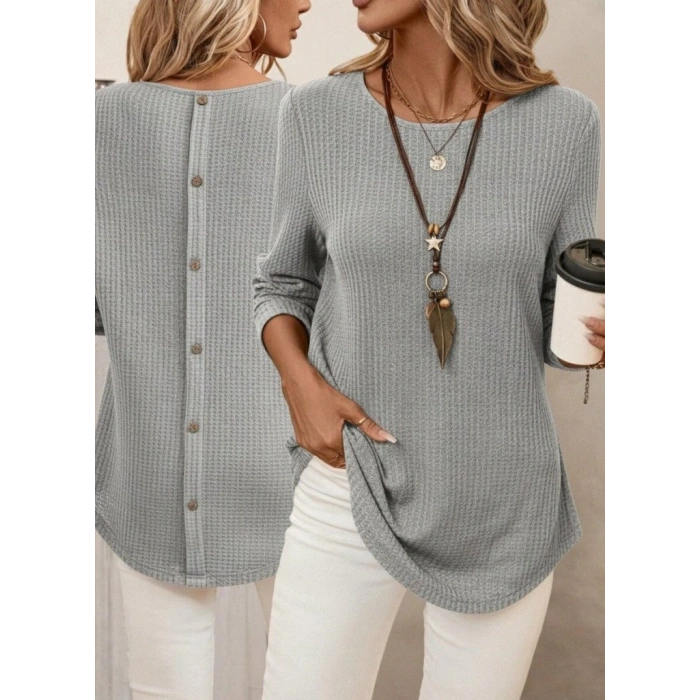 Kadın Uzun Kollu Yuvarlak Yaka Arkadan Düğmeli Waffle Bluz