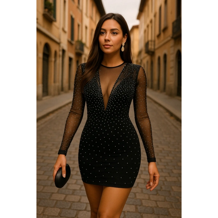 Kadın Uzun Kollu Yuvarlak Yaka Dekolteli Taşlı Dalgıç Elbise