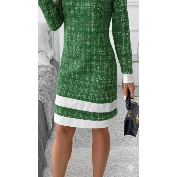 Kadın Uzun Kollu Yuvarlak Yaka Etek Ucu şerit Detaylı Mini Dokuma Elbise