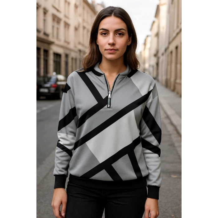 Kadın Uzun Kollu Yuvarlak Yaka Fermuarlı Desenli şardonlu Bluz