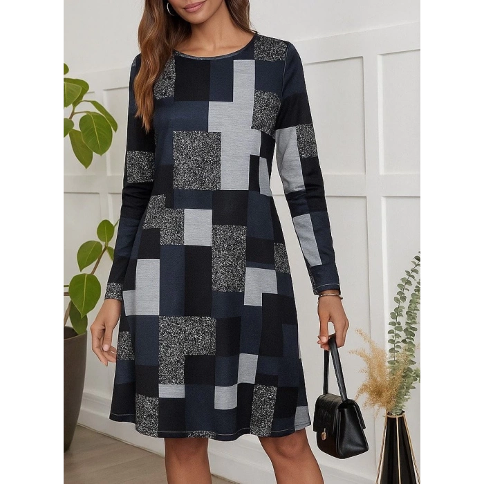 Kadın Uzun Kollu Yuvarlak Yaka Geometrik Süprem Elbise