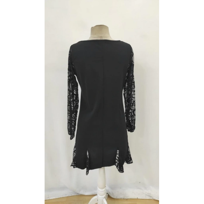 Kadın Uzun Kollu Yuvarlak Yaka Kol Ve Etek Ucu Dantelli Kısa Ithal Krep Elbise