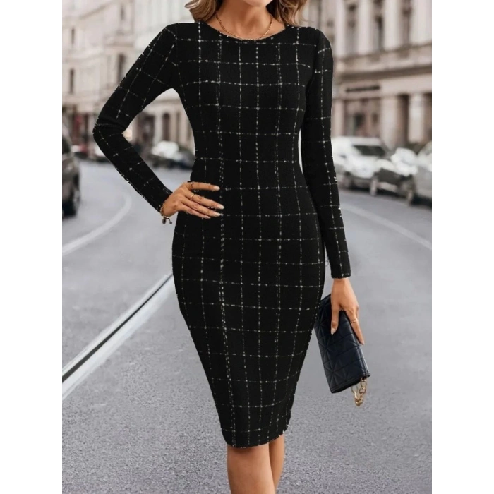 Kadın Uzun Kollu Yuvarlak Yaka Mini Dokuma Elbise