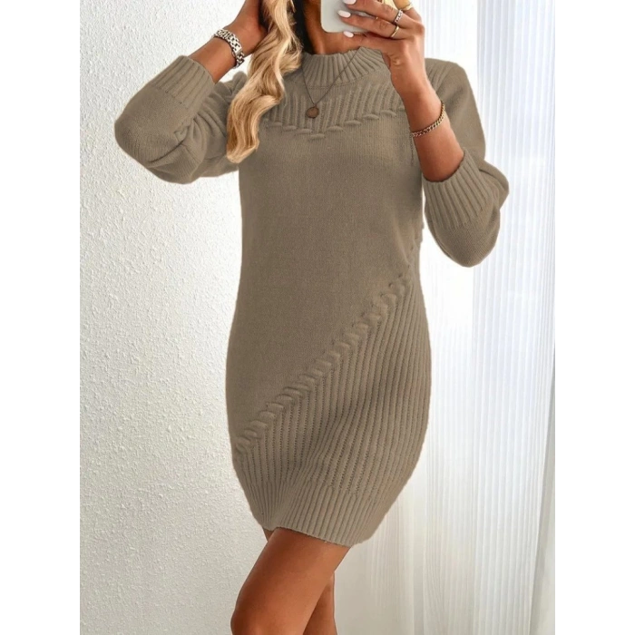 Kadın Uzun Kollu Yuvarlak Yaka Mini Triko Elbise