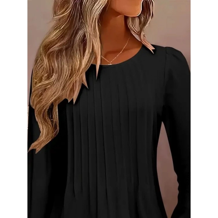 Kadın Uzun Kollu Yuvarlak Yaka Nervürlü Bluz