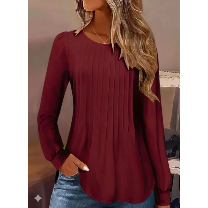 Kadın Uzun Kollu Yuvarlak Yaka Nervürlü Bluz