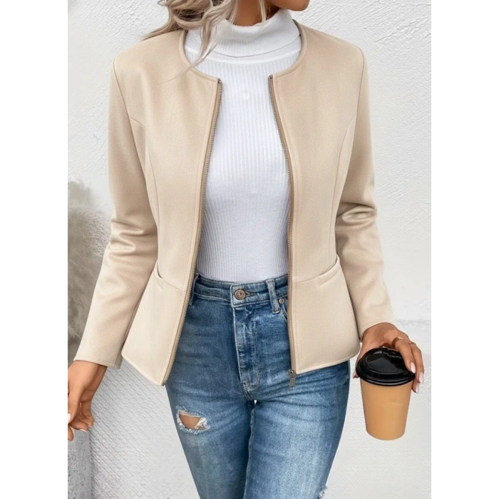Kadın Uzun Kollu Yuvarlak Yaka önden Fermuarlı Süet Ceket