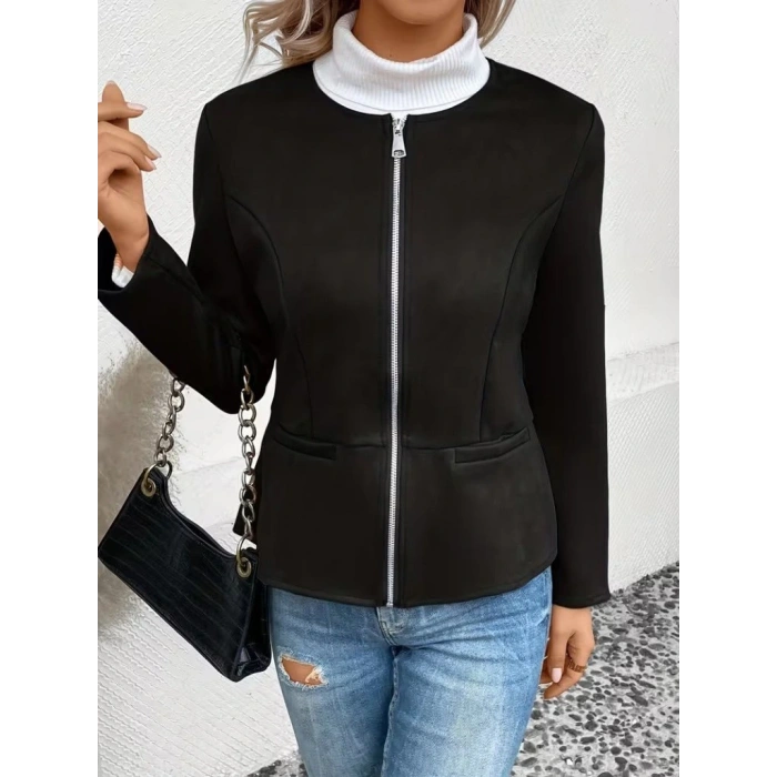 Kadın Uzun Kollu Yuvarlak Yaka önden Fermuarlı Süet Ceket