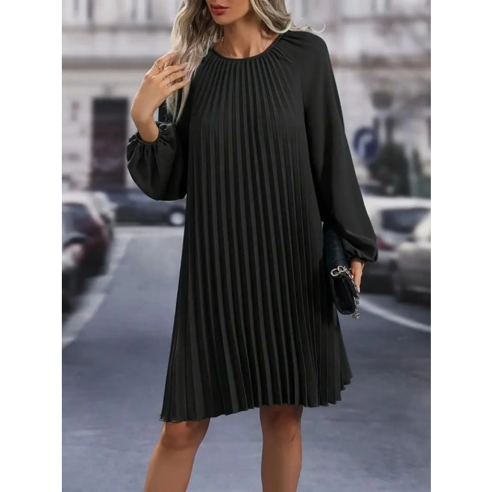 Kadın Uzun Kollu Yuvarlak Yaka Pileli Salaş Mini Ithal Krep Elbise