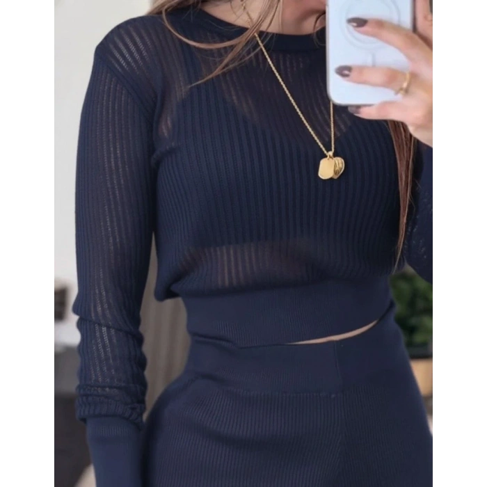 Kadın Uzun Kollu Yuvarlak Yaka Transparan Detaylı Triko Bluz Ve Pantolon Ikili Takım