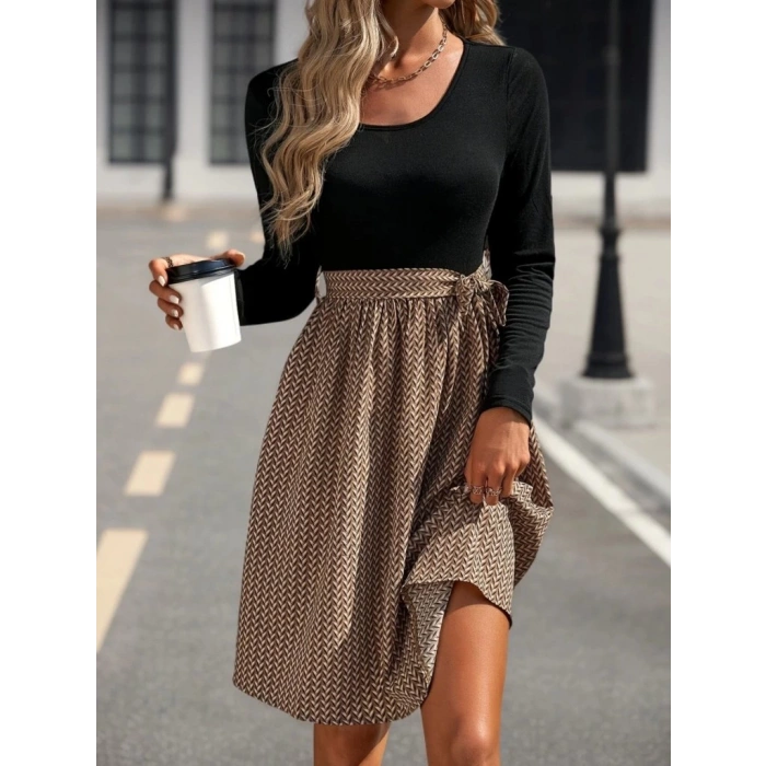 Kadın Uzun Kollu Yuvarlak Yaka üst Viskon Alt Süprem Midi Elbise