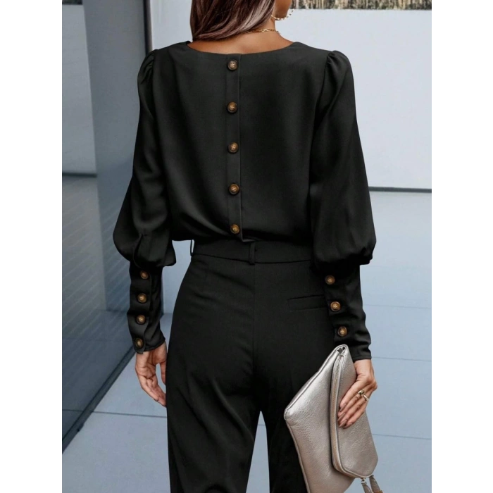 Kadın Uzun Kollu Yuvarlak Yakalı Düğmeli Ithal Krep Bluz