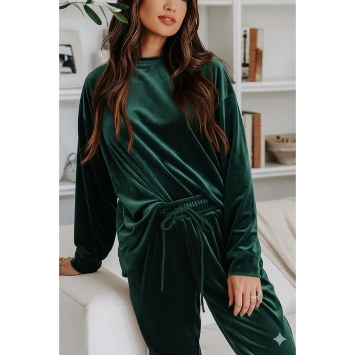 Kadın Uzun Kollu Yuvarlak Yakalı Kadife Bluz Ve Pantolon Takım