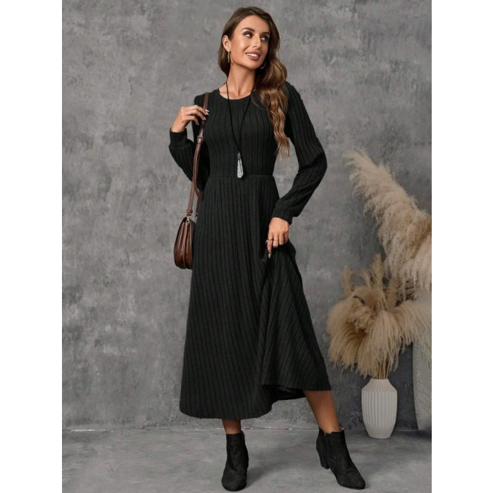 Kadın Uzun Kollu Yuvarlak Yakalı Kiloş Uzun şardonlu Kaşkorse Elbise