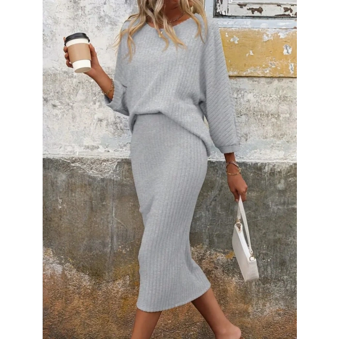 Kadın Uzun Kollu Yuvarlak Yakalı şardonlu Kaşkorse Bluz Ve Etek Ikili Takım