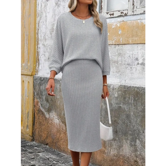 Kadın Uzun Kollu Yuvarlak Yakalı şardonlu Kaşkorse Bluz Ve Etek Ikili Takım