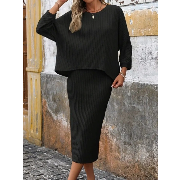 Kadın Uzun Kollu Yuvarlak Yakalı şardonlu Kaşkorse Bluz Ve Etek Ikili Takım
