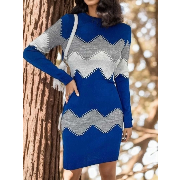 Kadın Uzun Kollu Zigzag Desen Triko Elbise