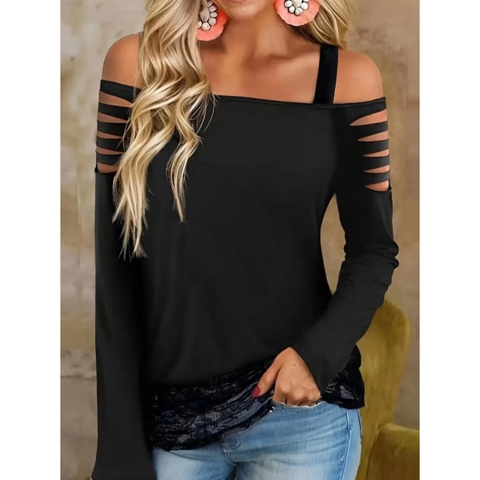 Kadın Uzun Lazer Kesik Detaylı Askılı Viskon Iki Iplik Bluz