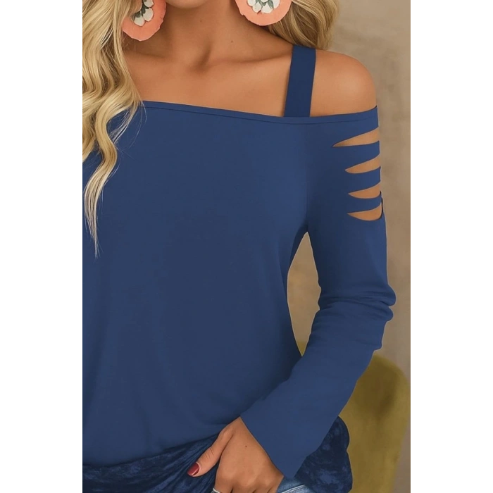 Kadın Uzun Lazer Kesik Detaylı Askılı Viskon Iki Iplik Bluz