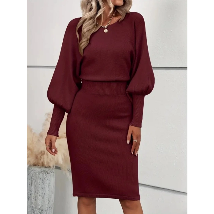 Kadın Uzun Yarasa Kollu Yakası Açık Belden Oturtmalı Kısa Triko Elbise