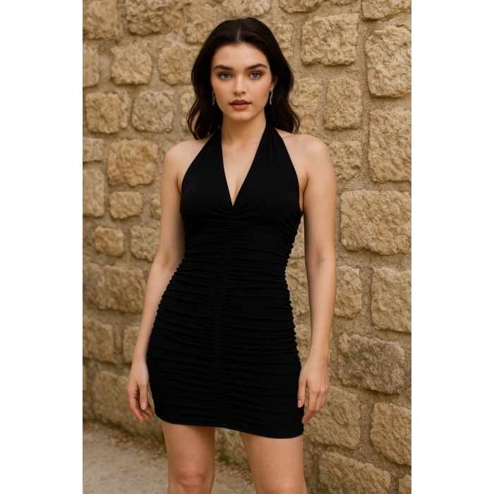 Kadın V Yaka Büzgü Detaylı Sandy Kumaş Fırsat Ürün Diz Üstü Elbise