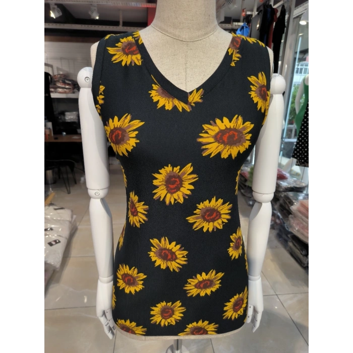 Kadın V Yaka Kolsuz Ayçiçeği Desen Krep Bluz