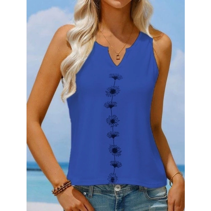 Kadın V Yaka Su Yolu çiçek Baskı Kolsuz Viskon Bluz