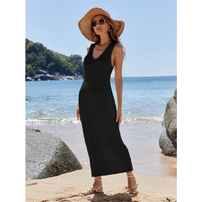 Kadın V Yaka Tam Askılı Tam Boy Ajurlu Triko Elbise