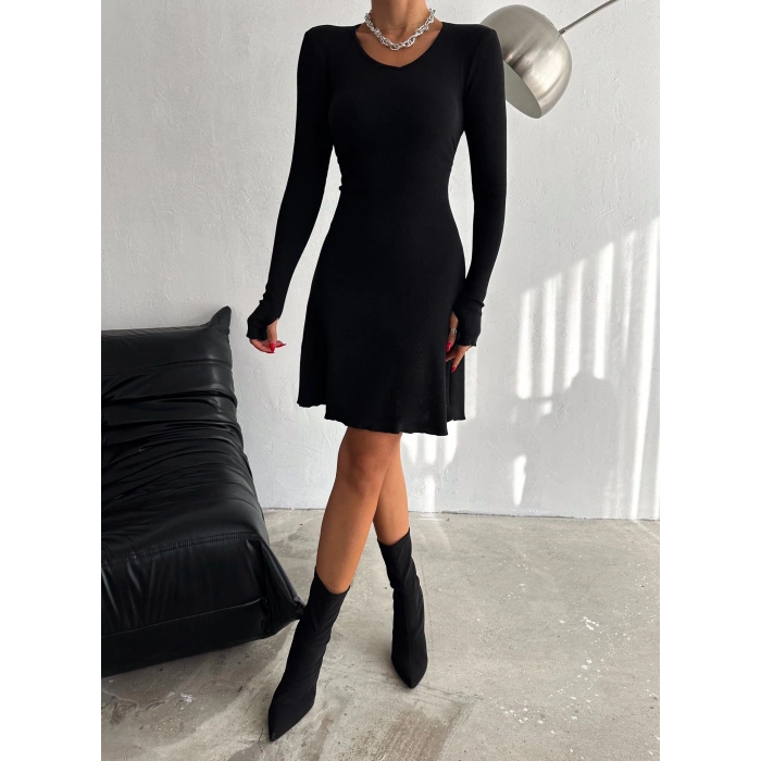 Kadın V Yaka Uzun Kollu Sırtı Ayarlanabilir Kopça Detay Kaşkorse Mini Elbise