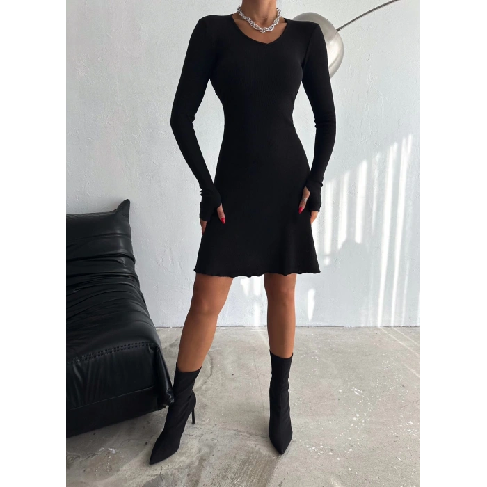 Kadın V Yaka Uzun Kollu Sırtı Ayarlanabilir Kopça Detay Kaşkorse Mini Elbise