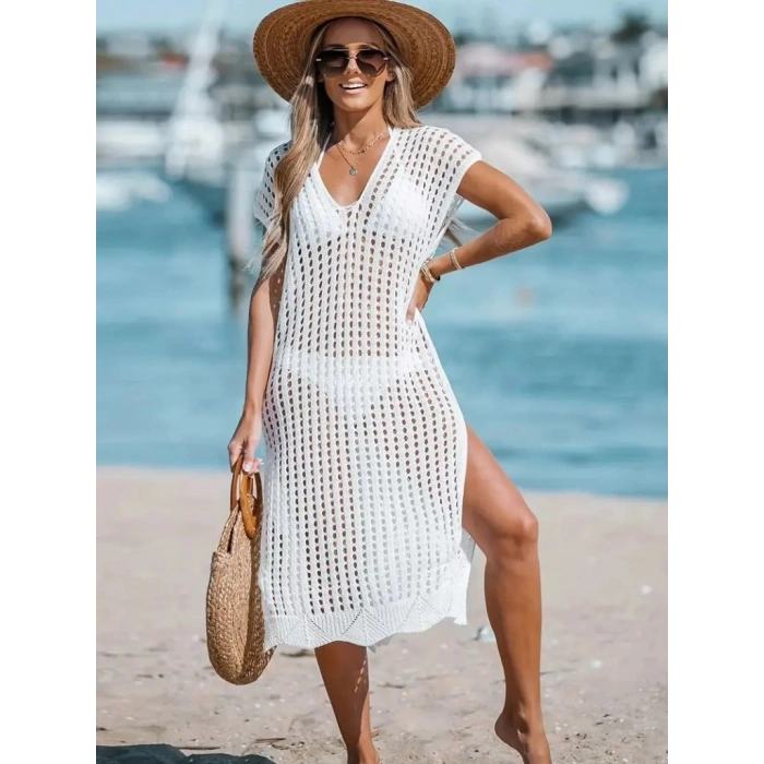 Kadın V Yaka Yanı Derin Yırtmaçlı Mi Boy Triko Elbise