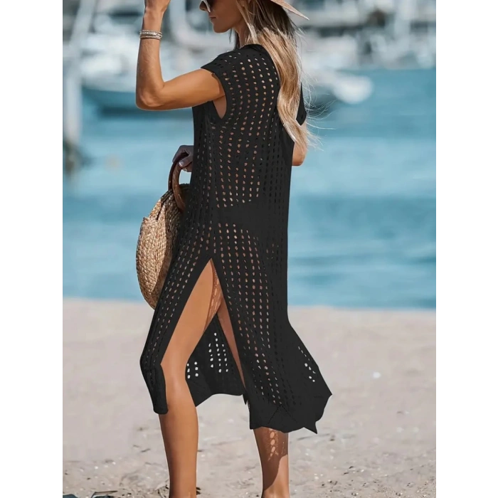 Kadın V Yaka Yanı Derin Yırtmaçlı Mi Boy Triko Elbise