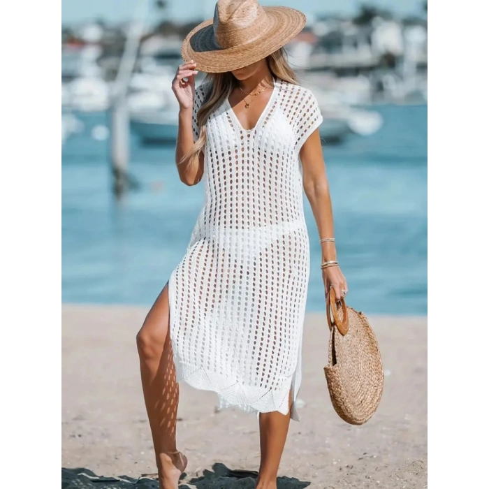 Kadın V Yaka Yanı Derin Yırtmaçlı Mi Boy Triko Elbise