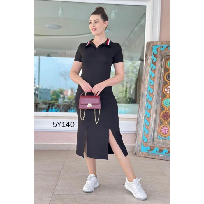 Kadın Yaka Ribanalı Çift Yırtmaçlı Elbise