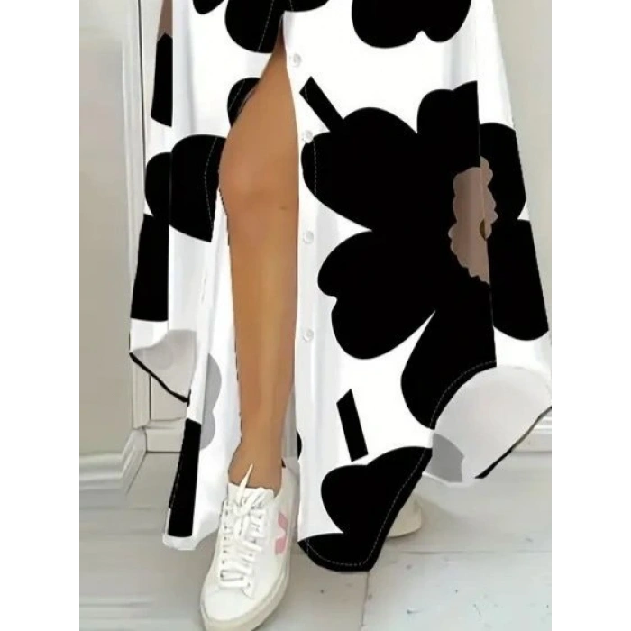 Kadın Yakalı önden Düğmeli çiçek Desenli Uzun Süprem Elbise