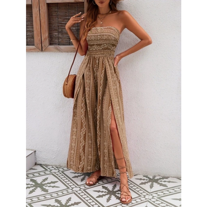 Kadın Yakası Gipe Detaylı önden Yırtmaç Detaylı Desenli Süprem Pantolun Etek Tulum