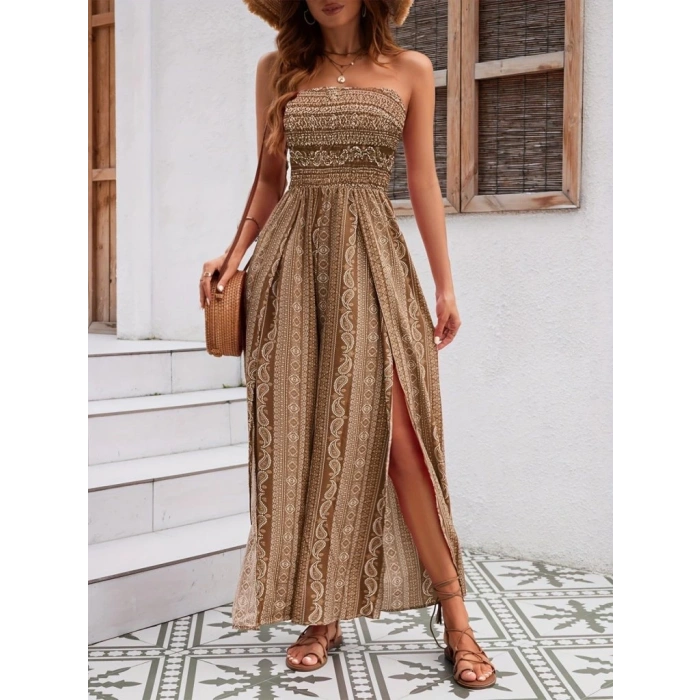 Kadın Yakası Gipe Detaylı önden Yırtmaç Detaylı Desenli Süprem Pantolun Etek Tulum