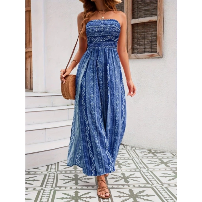 Kadın Yakası Gipe Detaylı önden Yırtmaç Detaylı Desenli Süprem Pantolunetek Tulum