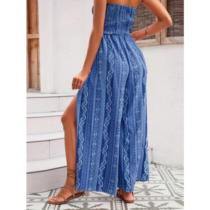 Kadın Yakası Gipe Detaylı önden Yırtmaç Detaylı Desenli Süprem Pantolunetek Tulum