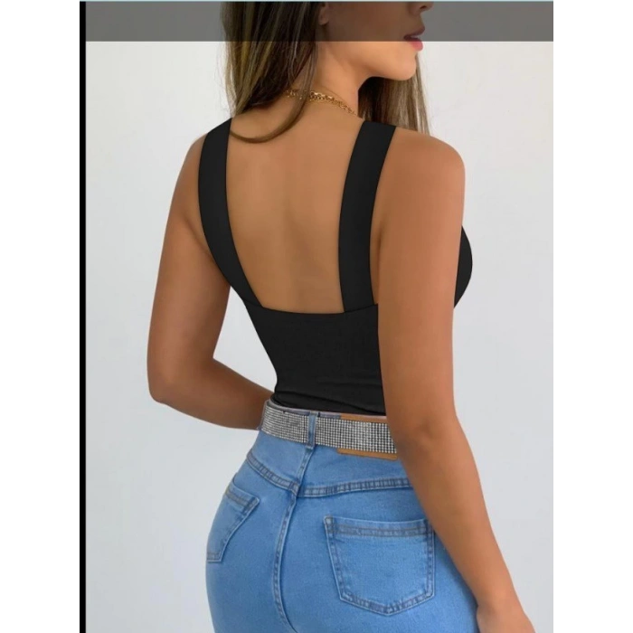 Kadın Yakası önden çaprazlı Taş Detaylı Viskon Bluz